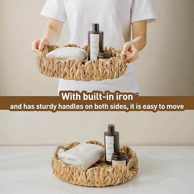 Round Wicker Scalloped Serving Tray with Handles - Seagrass Handwoven Trays,Water Hyacinth Tray for Home Decor and Living Room, Dining Table, Bathroom Organizing, 12.9" L x 12.9" W x 3.5" H