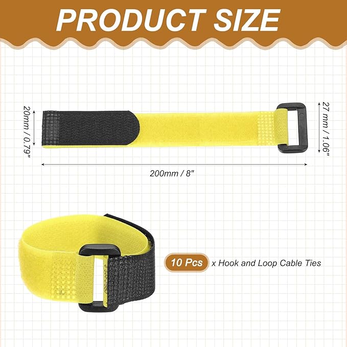 PATIKIL 8 x 0.79 Inch Reusable Cable Ties 10 Pcs Adjustable Hook and Loop Straps Cord Management Wire Wrap Cord Ties Organizer for Home Office Cables, Yellow