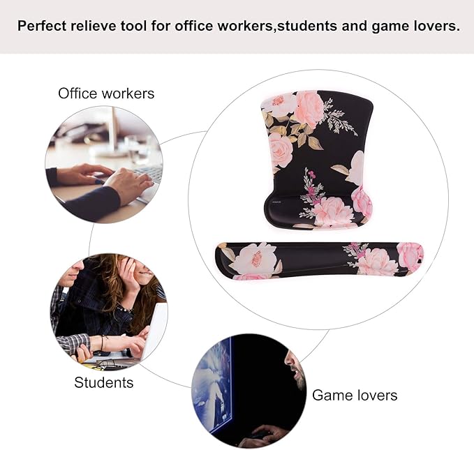 MOSISO Wrist Rest Support for Mouse Pad & Keyboard Set, Peony Ergonomic Mousepad Non-Slip Base Home/Office Pain Relief & Easy Typing Cushion with Neoprene Cloth & Raised Memory Foam, Black