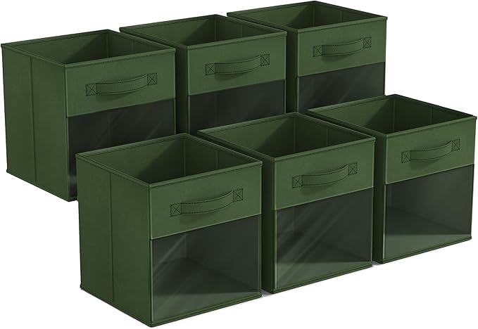 Sorbus 11 Inch Storage Bins with Clear Window - 6 Foldable Baskets for Organizing Clothes, Toys, Books - Sturdy Collapsible Fabric Storage Cubes with Handle - Storage Baskets for Shelves, Closets