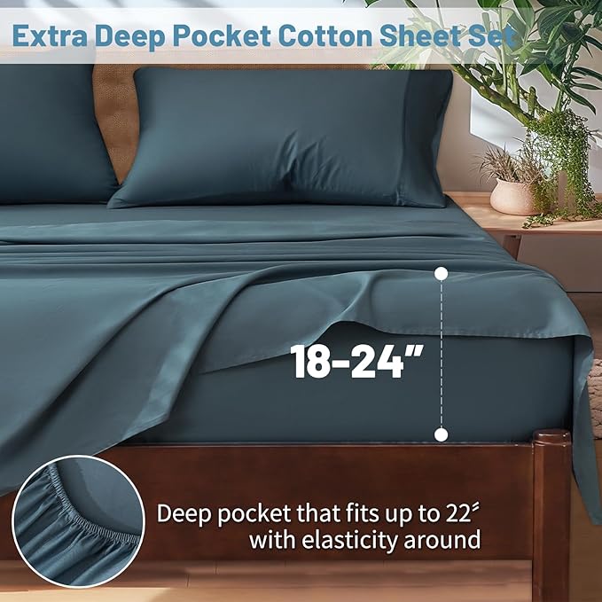 Extra Deep Pocket King Sheets 18-24 Inch 100% Egyptian Cotton 1000 Thread Count Sateen Weave Soft Breathable 4 Pieces（King，Lake Blue）