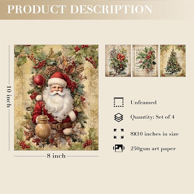 JXREQ Vintage Christmas Pictures Wall Decor Prints,Retro Christmas Wall Art Decorations for Home Kitchen Bedroom Bathroom Living Room Office,Santa Claus Xmas Tree Decor Prints Set of 4,8x10 Unframed