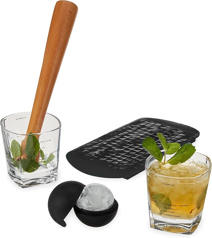 True Muddled Cocktail Kit with 2 Recipe Lowball Tumblers, Wooden Muddler, Silicone Ice Sphere Mold and Mini Pebble Ice Tray, Set of 5