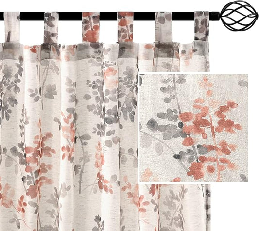 H.VERSAILTEX Linen Sheer Curtains for Living Room Sheer Panels 84 Inches Long Light Filtering Tab Top Window Treatment Drapes for Bedroom, 2 Panels, Vintage Classical Floral Print Coral and Taupe