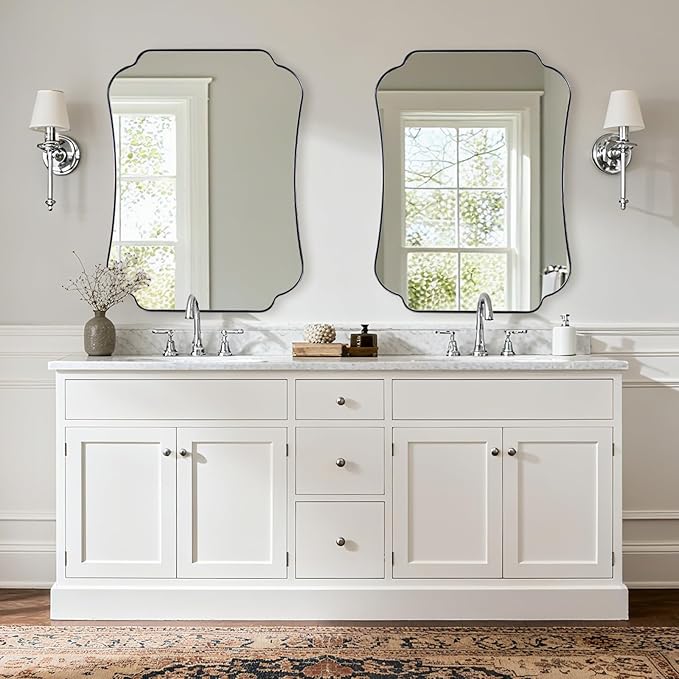 ANDY STAR 30"x40" Chrome Bathroom Mirror, Decorative Scalloped Shape Wall Mirror with Stainless Steel Frame, Modern Wave-Edge Design for Vanity, Hallway, Lounge Decor