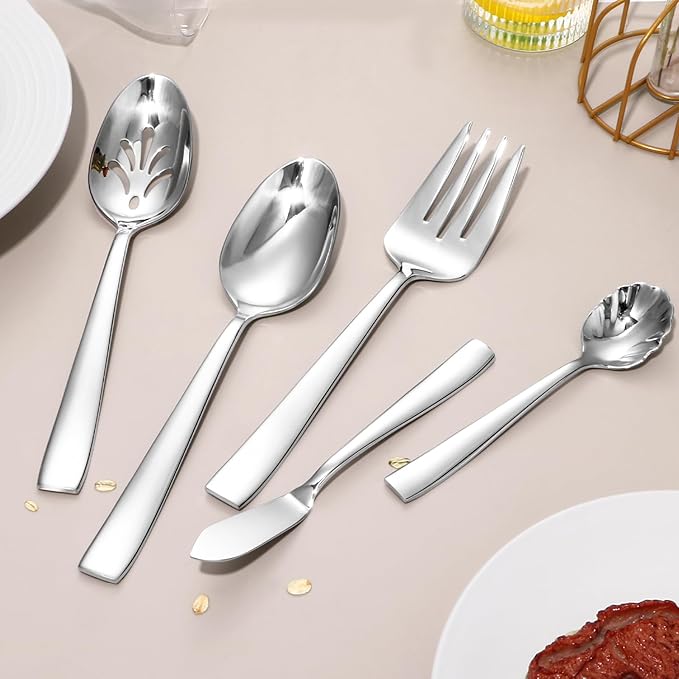 Lazycorner 53 Piece Silverware Set wiith Steak Knives and Serving Utensils 304 Stainless Steel Flatware Set Mirror Polished Eating Utensils Sets Silverwear Cutlery Set, Dishwasher Safe