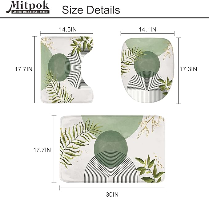 4 PCS Sage Green Boho 72Wx72H Shower Curtain Set Modern Leaves Mid Century Plant Bath Rug Toilet Lid Cover Nonslip U Shape Mat Quick Dry Rubber Backed Dirt Resistant Accessories Bathroom Decor