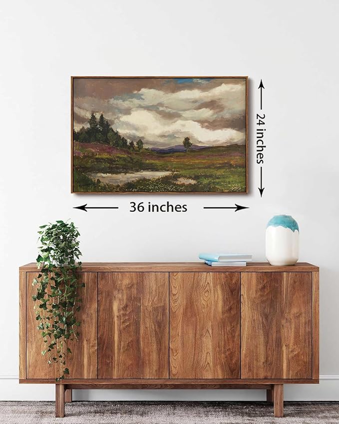 KISSFOX Vintage Landscape Canvas Wall Art Farmhouse Hills Pond Clouds Framed Wall Art Natural Countryside Paintings Artwork Rustic Art Prints For Bedroom Bathroom Living Room