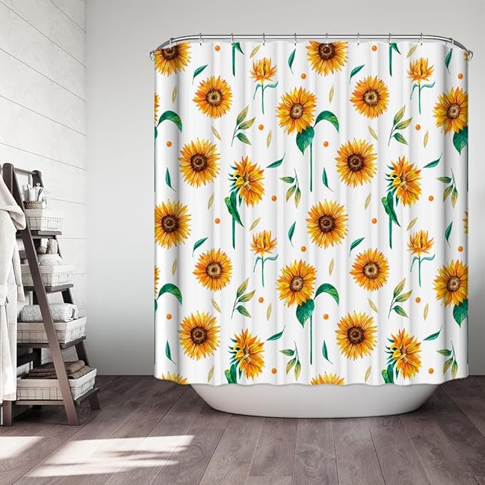 Domoku Sunflower Star Yellow Shower Curtain with Hooks,Summer Waterproof Floral Fabric Bathroom Curtain Set for Autumn Rustic Botanical Flower Bathroom Decorative Watercolor Sunflower, 72"x72"