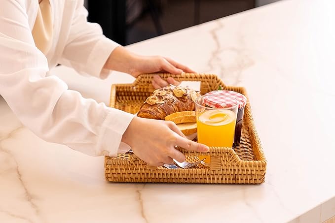 Hand-Woven Rattan Serving Tray with Handles for Breakfast, Drinks, Snack for Dining/Coffee Table (14.5 inch (37 cm), Rectangular)