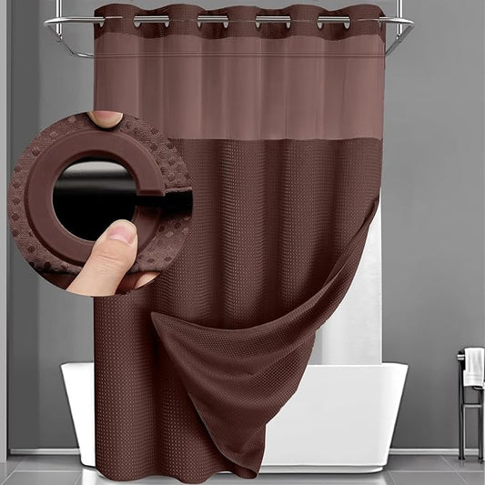 YellyHommy No Hook Shower Curtain with Snap in Liner Set Less Time Brown Waffle Shower Curtain for Bathroom 75" L x 72" W