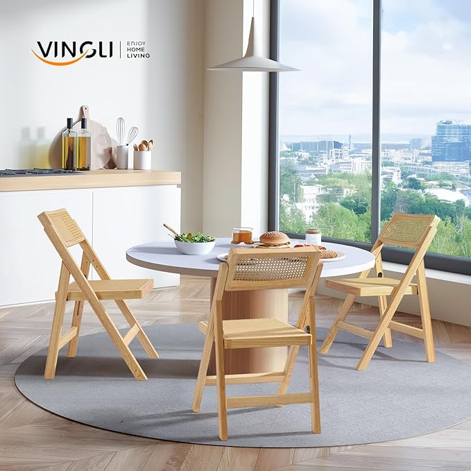 VINGLI 4 Pack Rattan Dining Chair, Wood Folding Chair with 360° Swivel Backrest, Rubberwood Frame and Rattan Woven Seat and Back, Natural Color, Set of 4