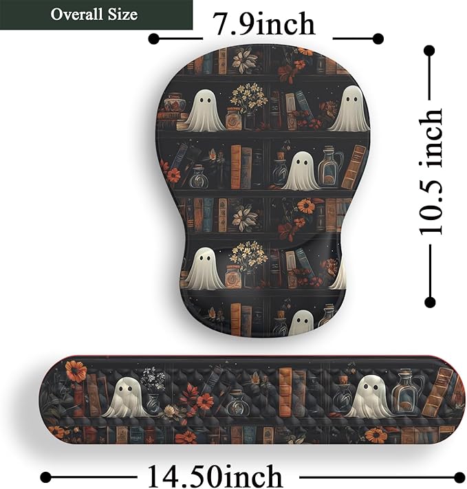 Ghost Book Mousepad with Wrist Rest Halloween Computer Keyboard Mouse Pad Black Cute, Mouse Pad with Wrist Rest for Computer Keyboard, 2 In1 Mousepad with Wrist Support Easy Typing&Relieve Wrist Pai