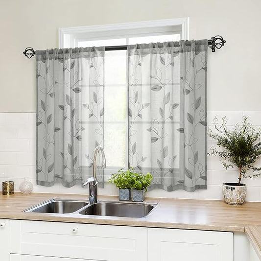 HOMEIDEAS Grey Sheer Kitchen Curtains 30 X 36 Inch Length 2 Panels Embroidered Leaf Pattern Short Curtains for Small Window Valance Tiers