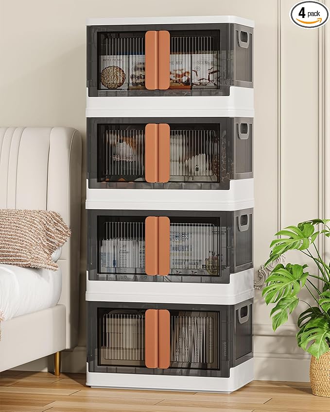 8.4Gal Collapsible Storage Bins with Lids & Wheels - 4 Pack Stackable with Doors, Heavy-Duty Plastic Containers for Home/Office, White