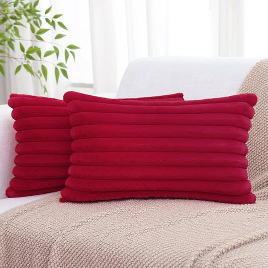 decorUhome Faux Fur Christmas Throw Pillow Covers 12x20 Set of 2, Decorative Soft Plush Striped Lumbar Neutral Couch Euro Pillow Covers with Velvet Back for Sofa, Bed, Living Room Home Decor, Red