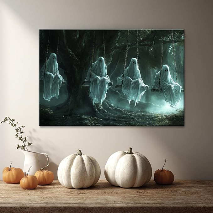 BANHUA1 Vintage Halloween Canvas Wall Art, Funny Ghosts Swing in Forest Print, Gothic Dark Academia Wall Decor, Creepy Spooky Abandoned Art Halloween Pictures, 40 x 28 Inch