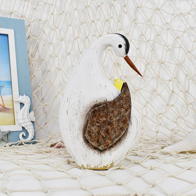 Wood Bird Statue Nautical Decor Decorative Rustic Seabird Sculpture Wooden Beach Themed Coastal Mediterranean Tabletop Decoration for Home Bathroom Living Room (L)