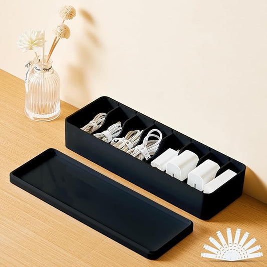 Tatuo 2 Pcs Cable Organizer Box with Wire Ties, Plastic Cord Storage Box with Lid, Electronics Organizer for Home Office Desk Organizers and Accessories (10.79'' X 3.78'' X 1.97'',Black)