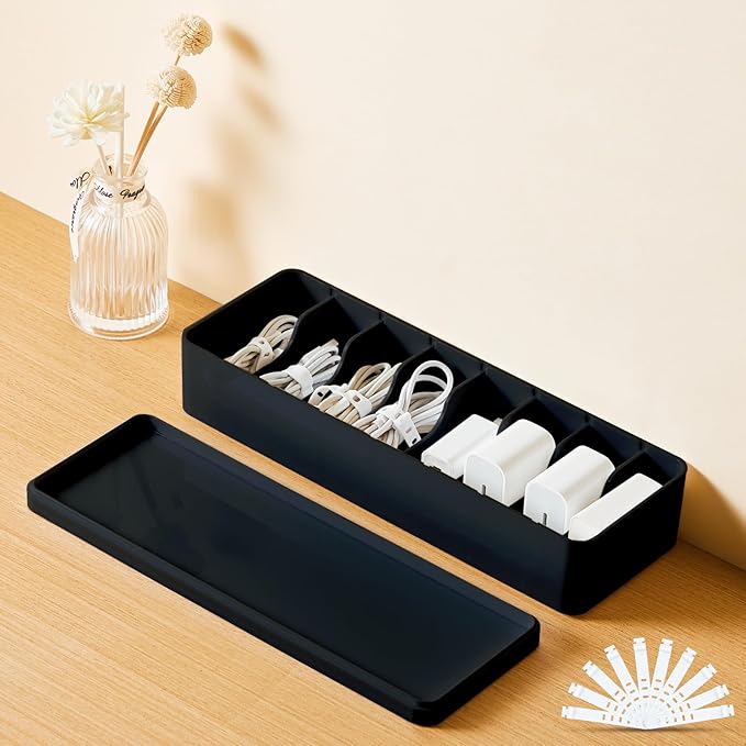 Tatuo 4 Pcs Cable Organizer Box with Wire Ties, Plastic Cord Storage Box with Lid, Electronics Organizer for Home Office Desk Organizers and Accessories (10.79'' X 3.78'' X 1.97'',Black)