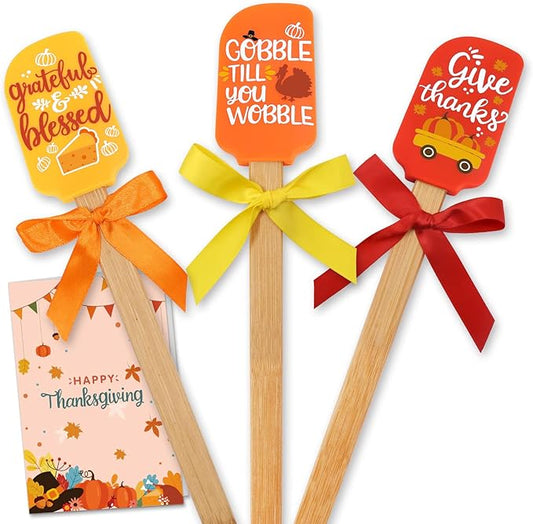 Thanksgiving Silicone Spatula Set Heat Resistant Home Kitchen Baking Decor Gift for Mom Food Grade Idea Birthday Housewarming Wedding Party with Wooden Handle and Colorful Ribbon Bows Mixing Cooking