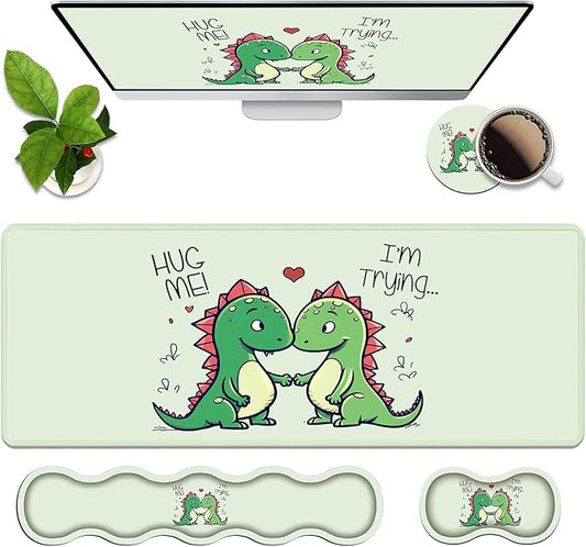 4 in 1 Ergonomic Memory Foam Mouse Pad Wrist Rest Set, Large XXL Gaming Desk Pad + Keyboard Wrist Rest + Mouse Wrist Cushion + Coaster for Home Office Study Gaming, Cute Little Dinosaur