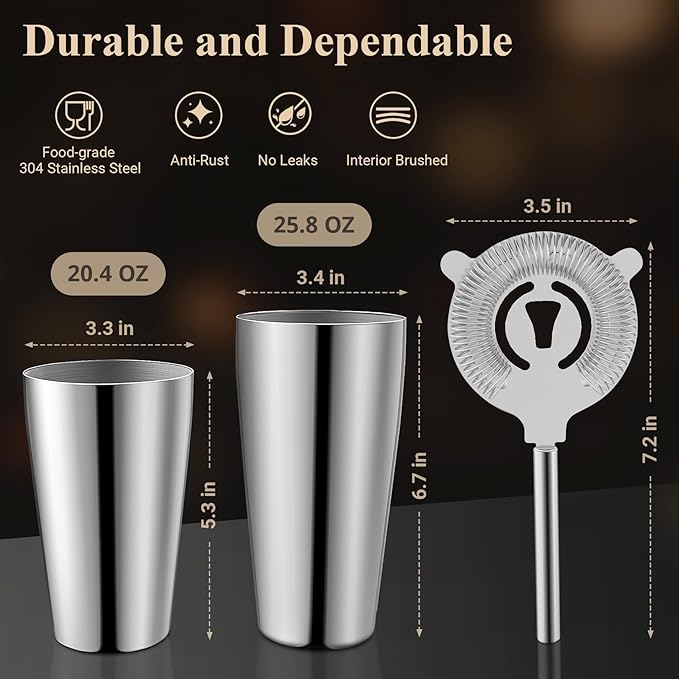 Stainless Steel Cocktail Shaker, 3-Piece Mixology Bartender kit, Bar Set with 18oz & 28oz Mixed Drink Shaker, Cocktail Tin Hawthorne Strainer