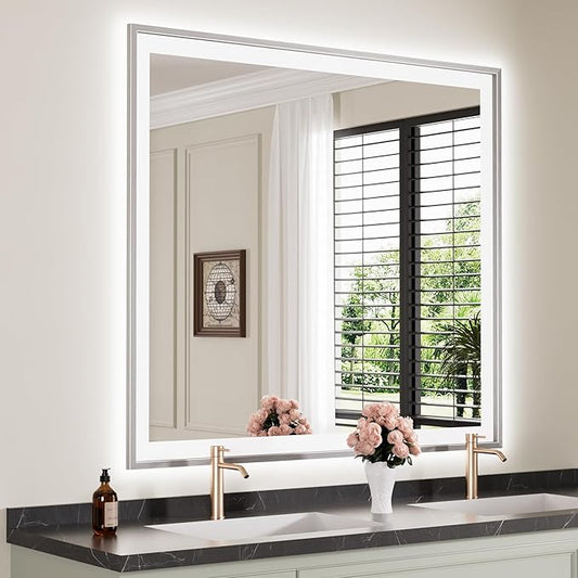 40x36 Silver LED Bathroom Mirror, Rectangle Brushed Nickel Lighted Mirror for Wall, Stepless Dimmable Led Vanity Mirror with Front-lit and Backlit, Tempered Glass, Anti-Fog, Memory
