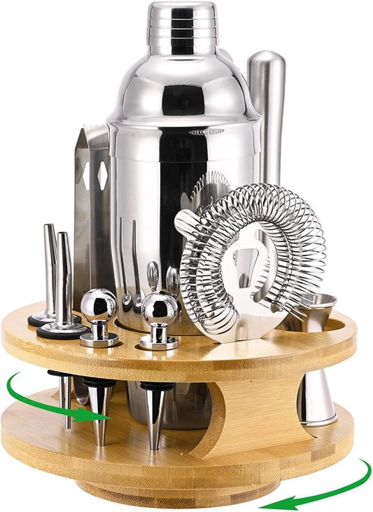 Cocktail Shaker Set 12-Piece, 25 OZ Food Grade Stainless Steel Cocktail Shaker Mixology Bartender Kit with Rotating Stand, Bar Set Essential for Beginners and Professionals at Home or Parties
