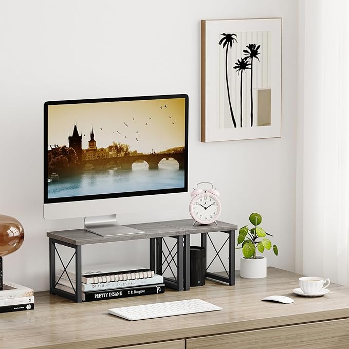 Honiter Desk Shelf for Top of Desk, Wood Desktop Shelf, 2 Tier Adjustable Bookshelf Organizer, Freestanding Stackable Desk Stand Storage Organizers Kitchen Counter Display Rack