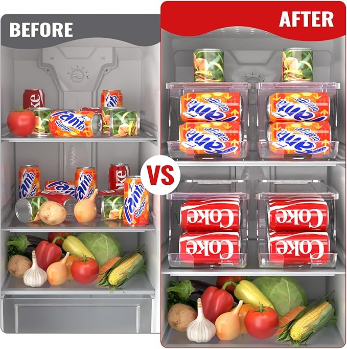 4 Pack Stackable Refrigerator Organizer, Soda Can Dispenser Pop Cans Container Beverage Holder with Lid for Fridge, Freezer, Kitchen, Clear Plastic Storage Bins-Holds 10 Cans Each -Transparent