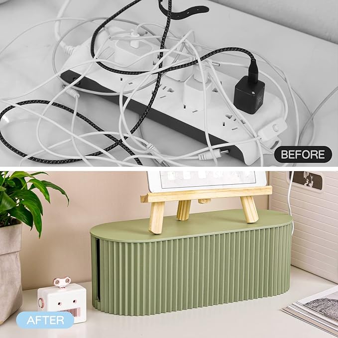 FABROK Cable Management Box, Cord Organizer Box with 10 Cable Ties, Power Strip Storage to Hide Charger Adapter Power Cord Charging Station(Small/Green)