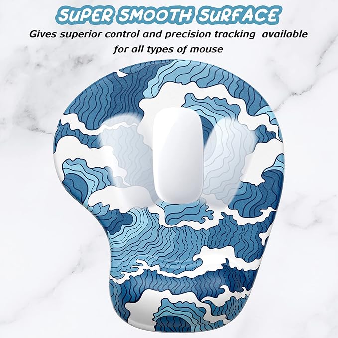 Hsurbtra Ergonomic Mouse Pad with Wrist Rest Support, Gel Mouse Pads with Non-Slip PU Base, Pain Relief Memory Foam Computer Mat, Cute Office Supplies Desk Decro Accessories, Blue Ocean