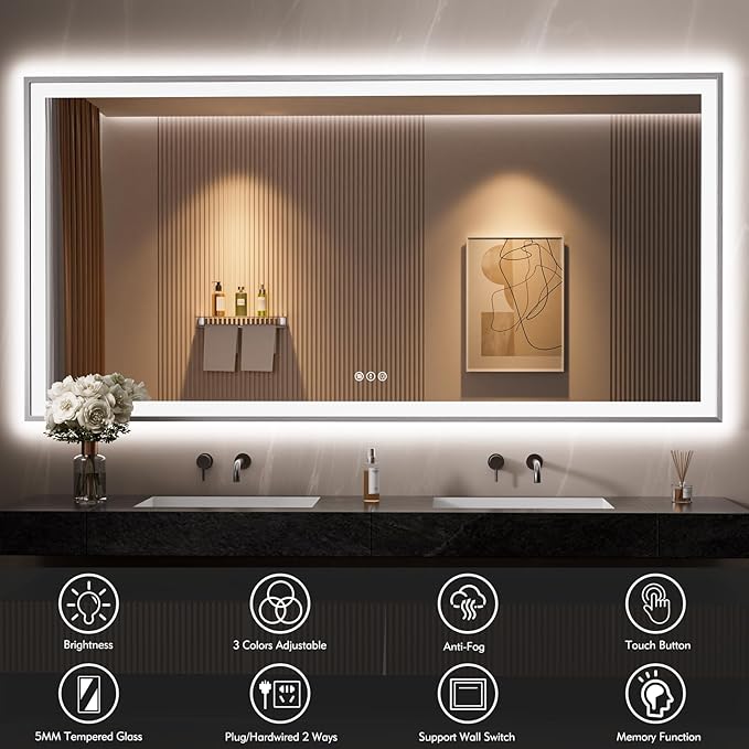 72x36 Silver LED Bathroom Mirror, Rectangle Brushed Nickel Lighted Mirror for Wall, Stepless Dimmable Led Vanity Mirror with Front-lit and Backlit, Tempered Glass, Anti-Fog, Memory