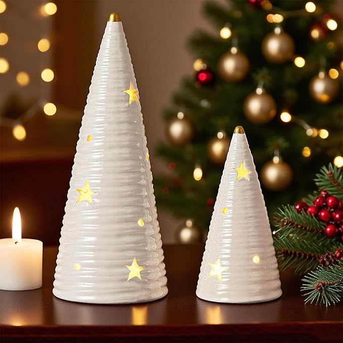 DN DECONATION Ceramic Christmas Tree Decor with Lights, Battery-Operated Tabletop Xmas Trees, 2Pcs Prelit White Christmas Tree Figurines Decorations for Home, Mantel, Shelves