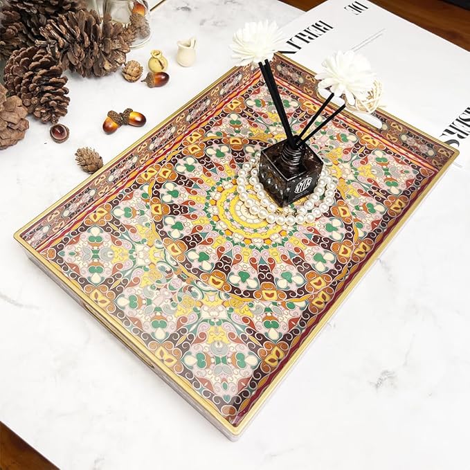 2pcs Boho Red Decorative Serving Tray, Modern Plastic Tray with Handles for Coffee Table, Living Room, Ottoman, Home Decor, Large, 15.7"*11.8"*1.6", Small 13.7"*9.8",