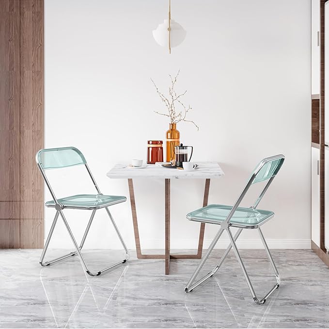 VINGLI Acrylic Folding Chairs 2 Pack, Clear Chair Foldable and Stackable, Plastic Panel & Metal Chrome Frame, Weight Capacity 350 lbs, Blue Green