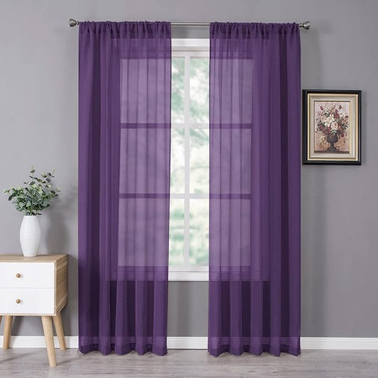Tollpiz Sheer Curtains Linen Textured Bedroom Curtain Sheers Light Filtering Rod Pocket Voile Curtains for Living Room, 54 x 84 inches Long, Royal Purple, Set of 2 Panels
