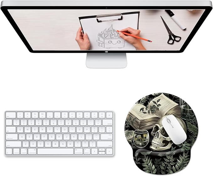 Goth Funny Skull Plant Mouse Pad with Wrist Rest, Gothic Book Leaves Ergonomic Mouse Pads, Computer Mousepad with Non-Slip Base, Cute Mouse Pad for Desk Accessories Office Decor Supplies
