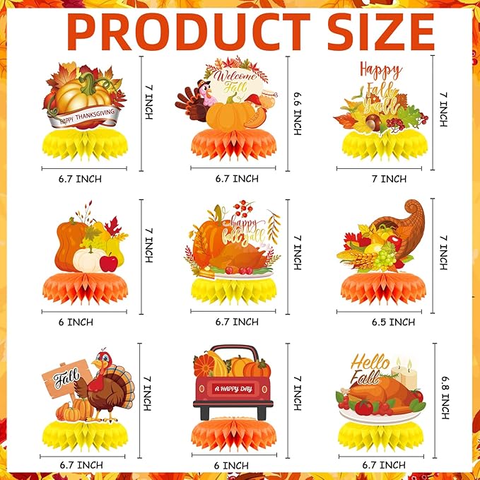 9Pcs Fall Centerpiece Table Decorations Fall Party Decorations Thanksgiving Table Centerpiece Turkey Centerpiece Pumpkin Honeycomb for Thanksgiving Table Decoration Autumn Birthday Party Supplies