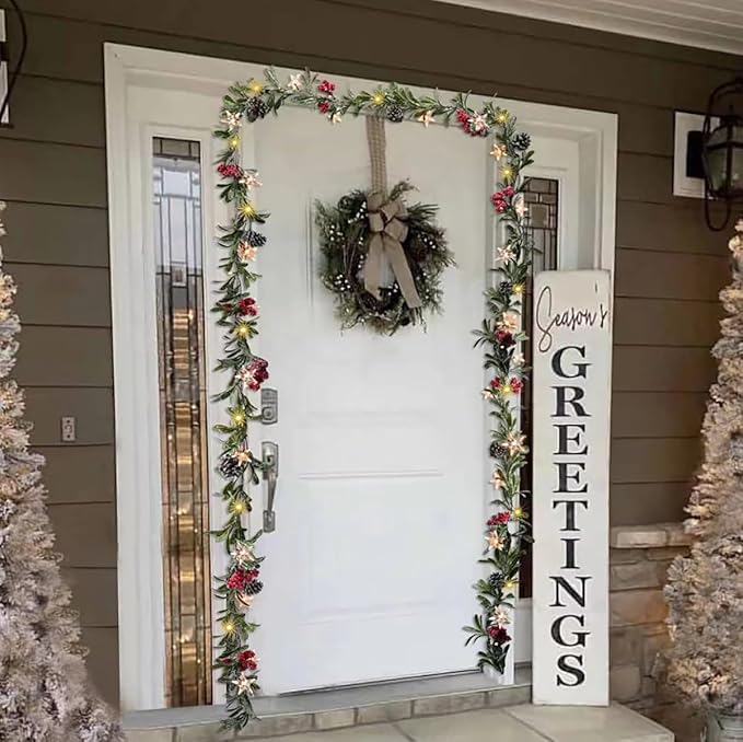 9ft Snowy Olive Christmas Garland with Lights, Pines and Stars,Battery Operated Garland with Timer, Christmas Garlands for Fireplace,StairRailing,Indoor, Outdoor Decor