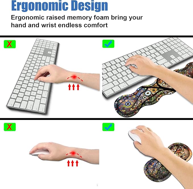 4 in 1 Ergonomic Memory Foam Mouse Pad Wrist Rest Set, Large XXL Gaming Desk Pad + Keyboard Wrist Rest + Mouse Wrist Cushion + Coaster for Home Office Study Gaming, Tree of Life