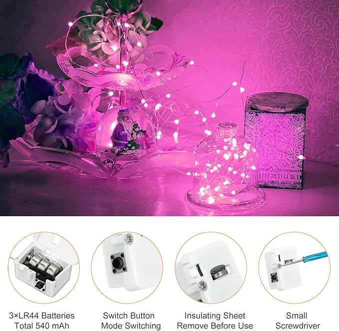 btfarm 30 Pack Fairy Lights Battery Operated [3 Modes], Valentine's Day Lights 7ft 20 Led Twinkle String Lights Waterproof Bulk Small Mini for Mason Jars Vases Wedding Table Centerpiece, Pink