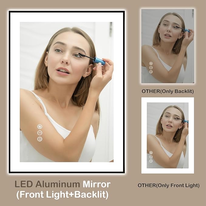 24x32 Inch LED Bathroom Mirror with Black Frame, Backlit and Front Lighted Bathroom Mirrors for Wall, Anti-Fog, Dimmable, Memory, Shatterproof, LED Vanity Mirror for Bathroom