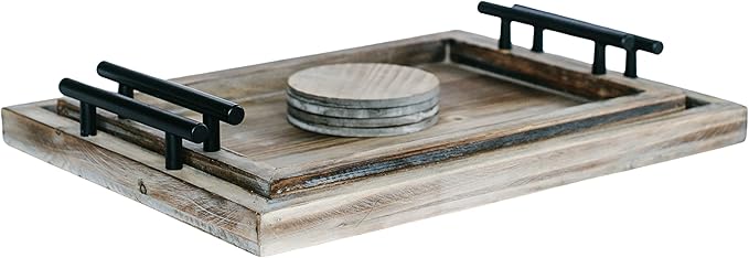 Decorative Ottoman Serving Tray Wooden Rustic (Set of 2) | Black Sleek Metal Handles | 4 Matching Coasters | Coffee Table Decor | Serving Kitchen Platter (Rustic Brown)
