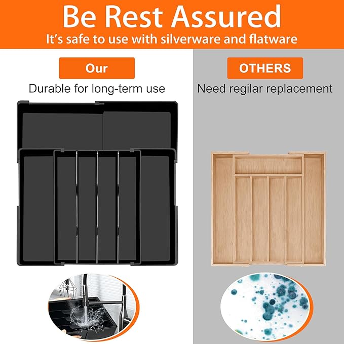 Silverware Organizer - Expandable Kitchen Drawer Organizer BPA-Free Silverware Drawer Organizer, Stackable Cutlery Tray for Forks, Knives, Slim Kitchen Organizers and Storage, Black, Large