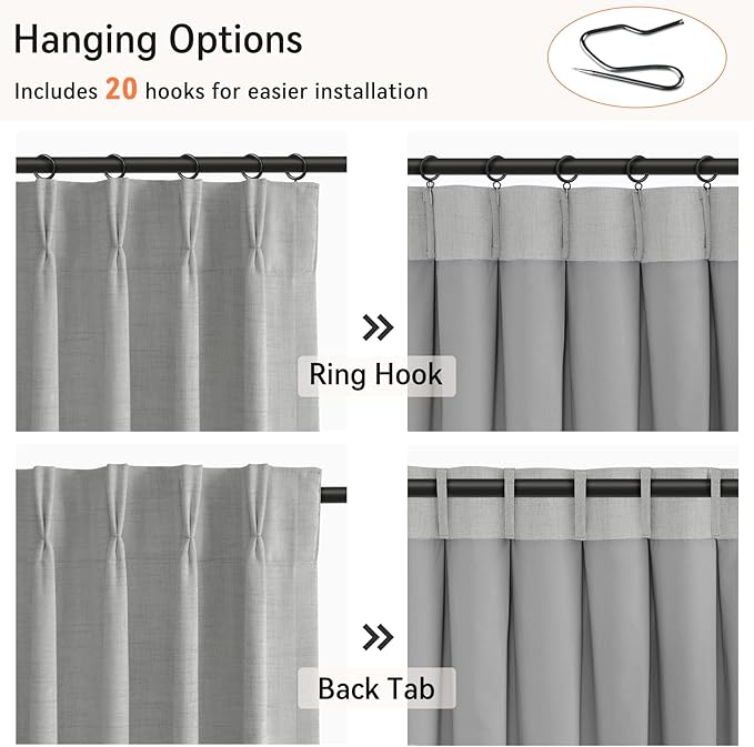 100% Blackout Shield Linen Look Textured Pinch Pleated Curtains Blackout Drapes 105 Inch Long 2 Panels Set, Faux Linen Blackout Curtains for Bedroom & Living Room, 40" W x 105" L, Grey