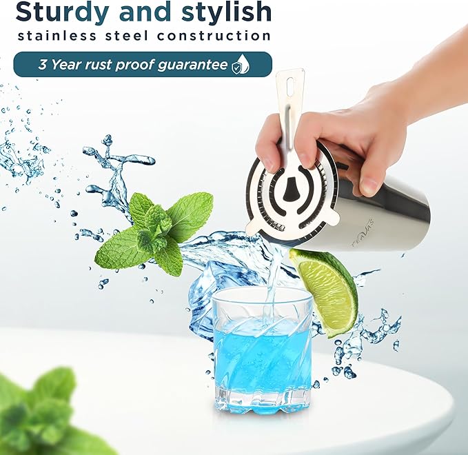 Mixology Bartender Kit with Japanese Jigger & Bamboo Stand - 25 Piece Stainless Steel Cocktail Making Set - Boston Shaker, Strainer, Mixer, Spoon, Muddler Barware - Anniversary & Birthday Gifts