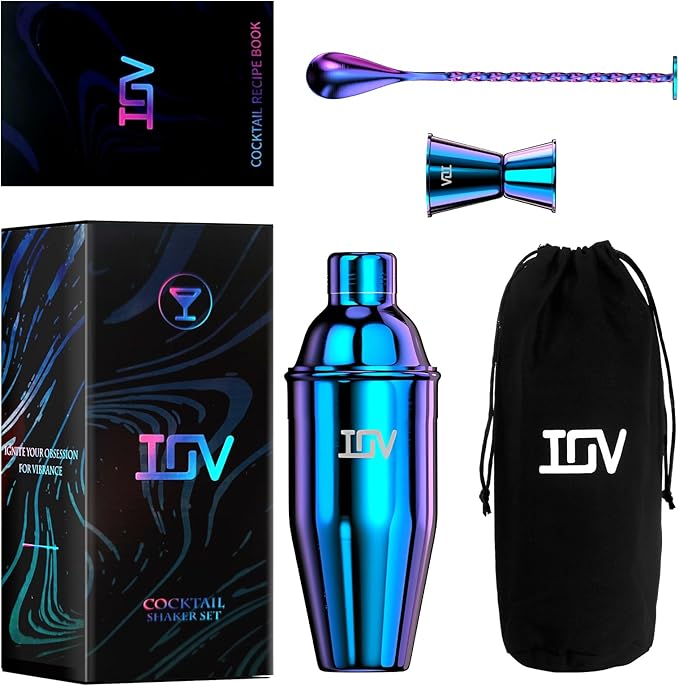 IOV Cocktail Shaker Bar Set, 24oz Martini Shaker with Built-in Strainer, Bar Tool Kit with Recipes Booklet, Professional Stainless Steel Large Bartender Drink Shaker Margarita Alcohol Mixer-Rainbow
