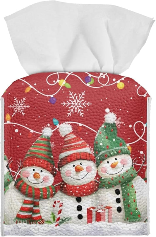 Cute Snowman Tissue Box Cover Red Christmas Square Tissue Box Holder for Barthoom Bedroom Office Car PU Leather Tissues Holder Dispenser Home Decor